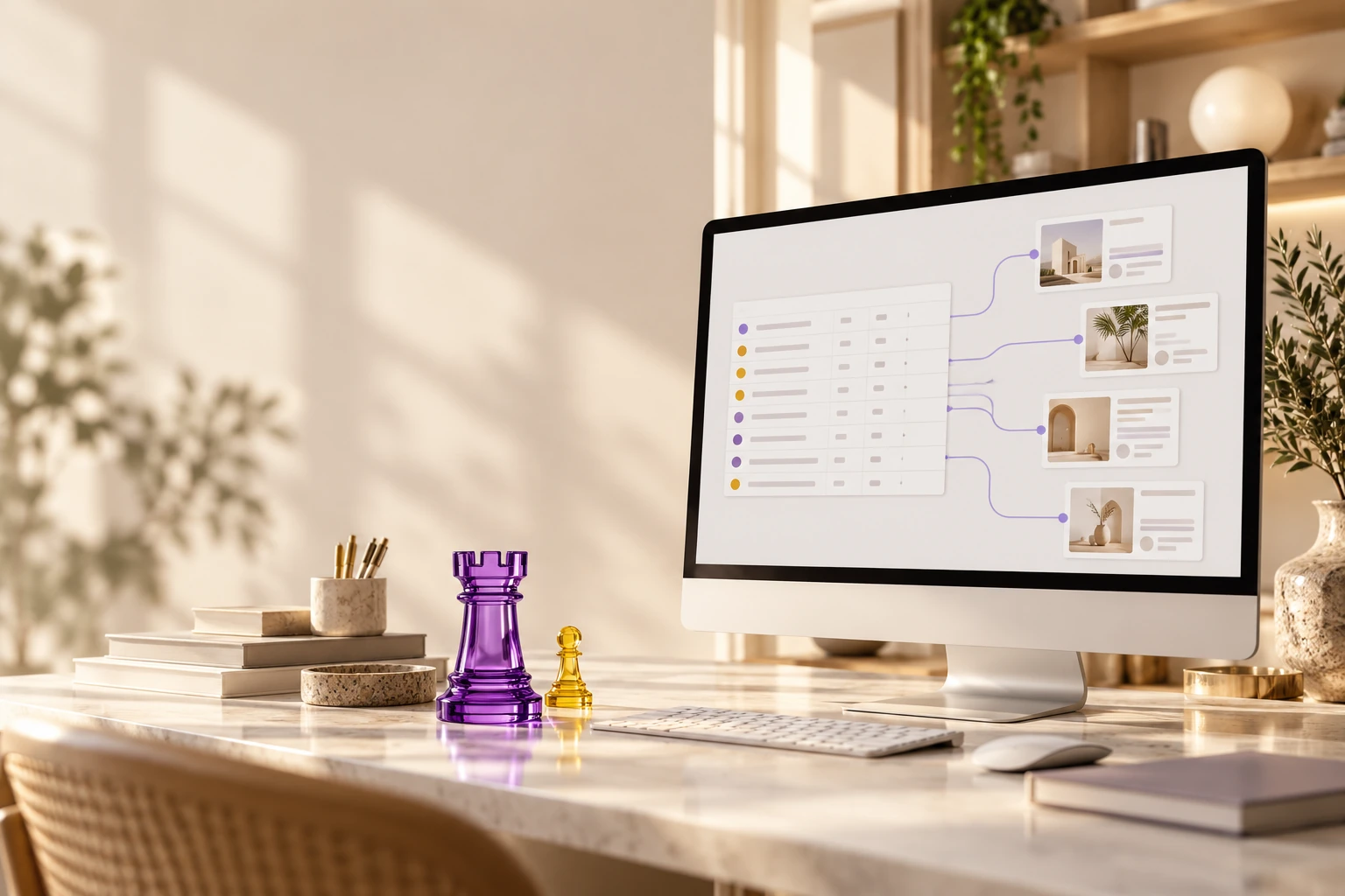 Datos estructurados conectados con páginas en un monitor, con torre morada y peón amarillo
