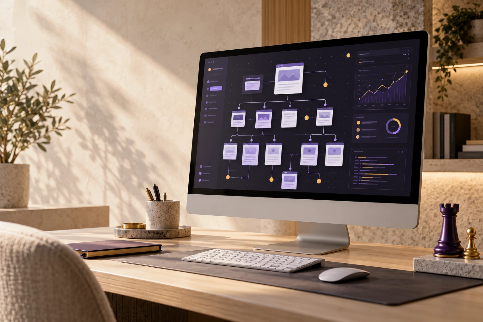 Escena ilustrativa de arquitectura web en un monitor con una torre y un peón de ajedrez